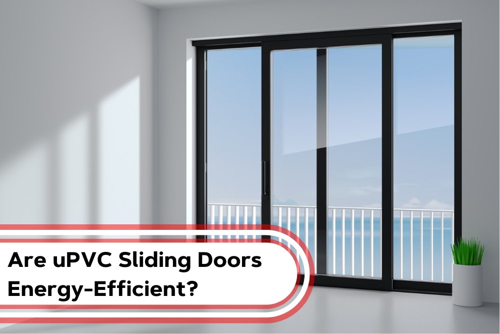 A room with large uPVC sliding doors overlooking a balcony with ocean view, highlighting energy-efficient sliding door benefits.