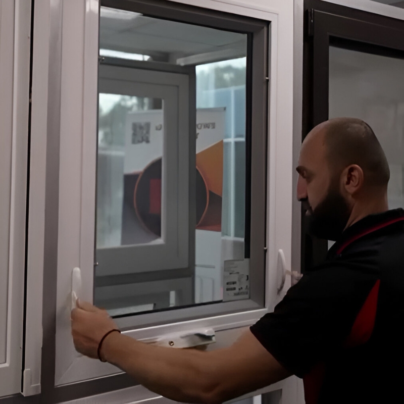 Technician demonstrating the installation of uPVC Windows in Curragh, showcasing the durable and energy-efficient design suitable for modern homes.