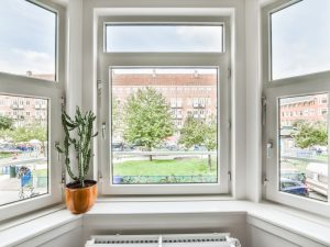 Bright interior with large uPVC casement window styles overlooking a park, featuring a potted plant on the windowsill.