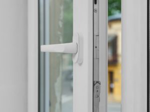 Close-up of modern uPVC casement window styles with secure locking mechanism and sleek white handle, highlighting key features.