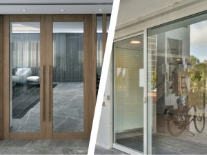 Wooden and glass single hinged doors connecting indoor and outdoor spaces, blending natural and modern design elements.