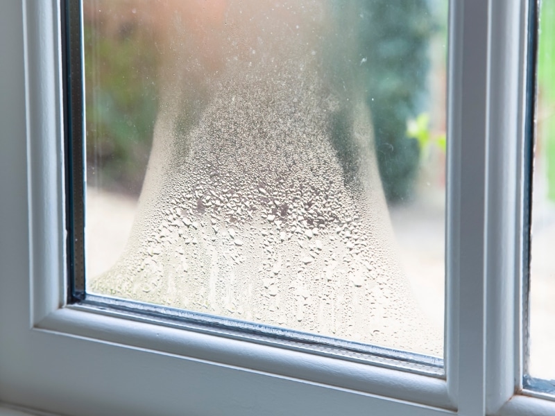 Condensation forming on single-pane glass before installing double glazed windows.