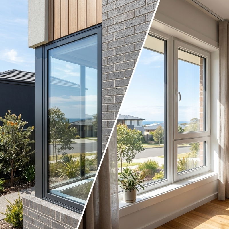Side-by-side comparison of aluminium and uPVC double-glazed window frames installed in a modern Australian home, highlighting energy efficiency, durability, and weather resistance.