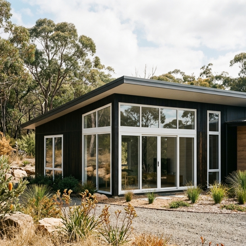 BAL-40 rated uPVC window installed in a modern NSW home with bushfire-resistant glazing, ember-proof seals and reinforced frame overlooking a dry Australian landscape