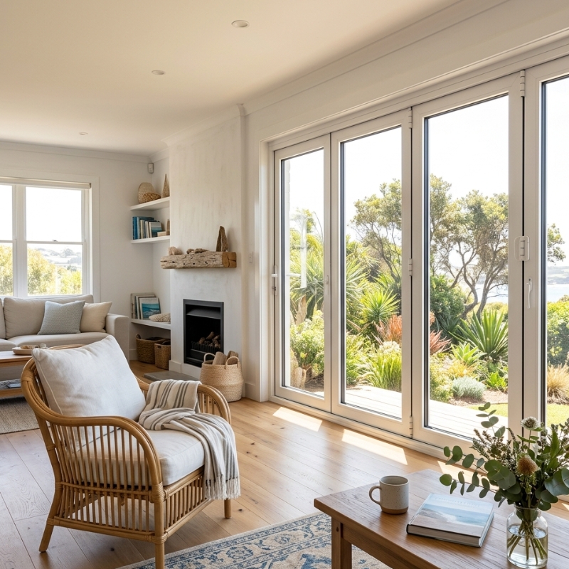 Closed uPVC bi-fold doors with tight compression seals in a coastal NSW living room