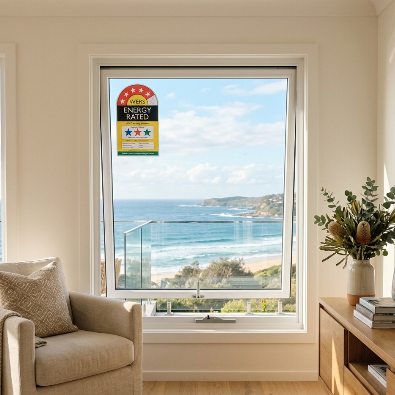Close-up of WERS energy-rating label on a white uPVC awning window installed in a coastal NSW home