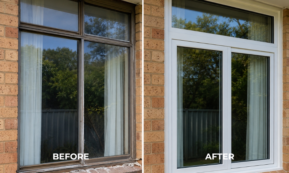 Old aluminium frame being replaced with a uPVC double glazed window in NSW