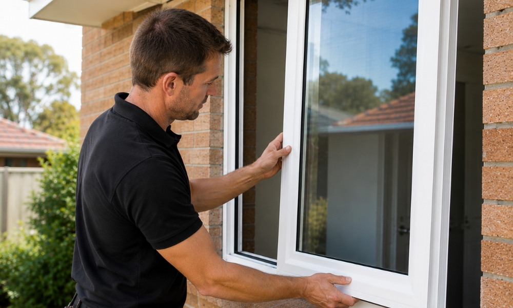 Installer fitting a uPVC window during a windows installation in NSW