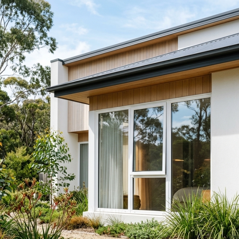 Energy-efficient uPVC window frames with double glazing on a modern Australian home
