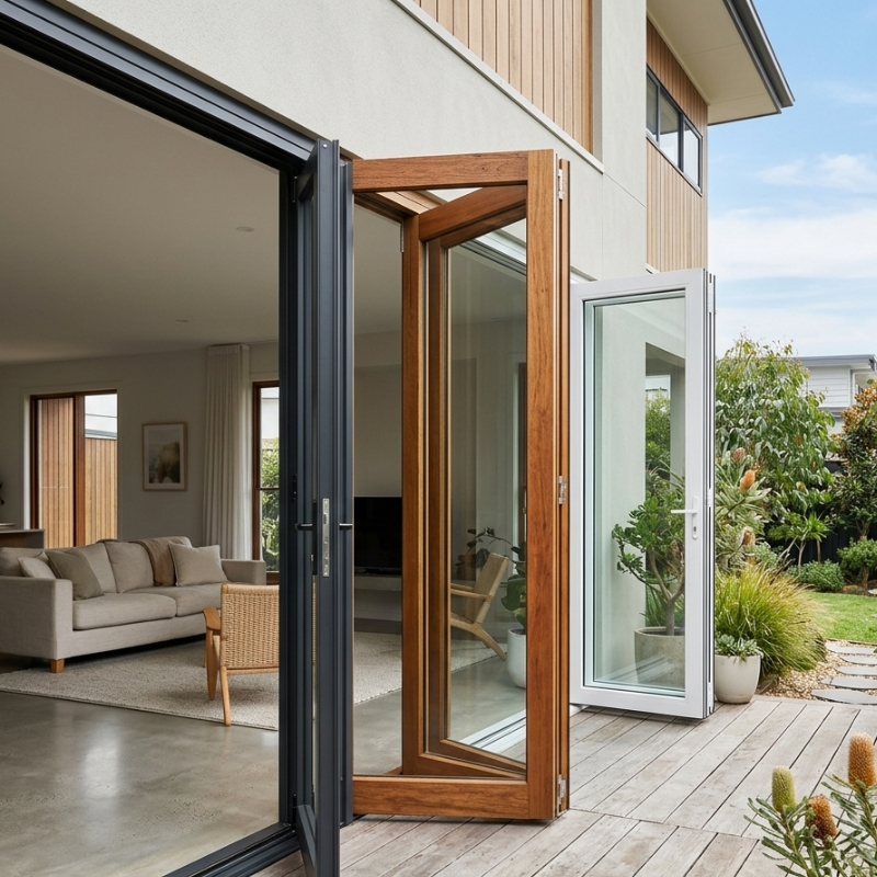 Modern Australian home with aluminium, timber and uPVC bi-fold doors opening to an outdoor area