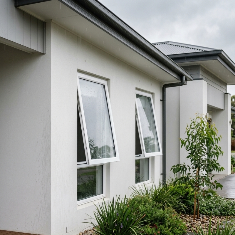 Modern NSW home with white uPVC awning windows open during light rain.