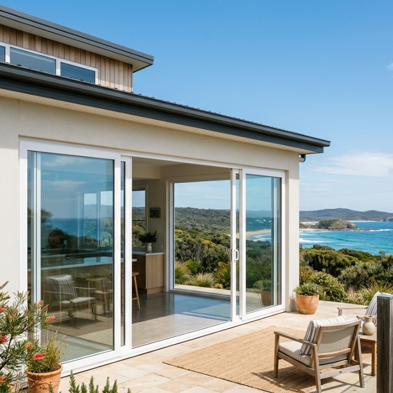 White uPVC sliding doors installed in a modern NSW coastal home under bright sunlight.