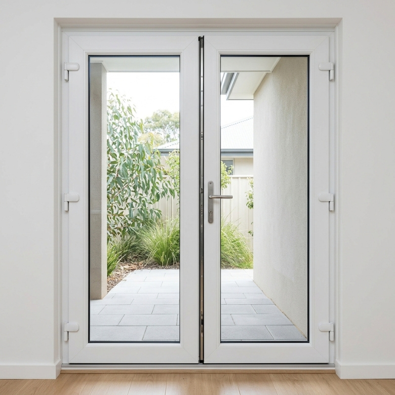 Secure modern uPVC French doors with reinforced frames and safety glass