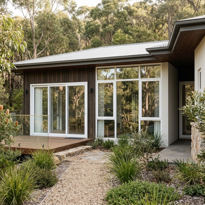 BAL-40 bushfire-rated uPVC windows on a modern NSW home BAL-40-rated windows are designed for homes exposed to higher levels of bushfire risk.