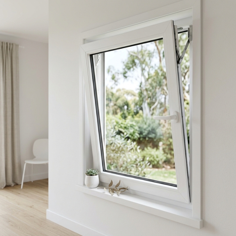 uPVC tilt and turn window tilted inward for secure ventilation