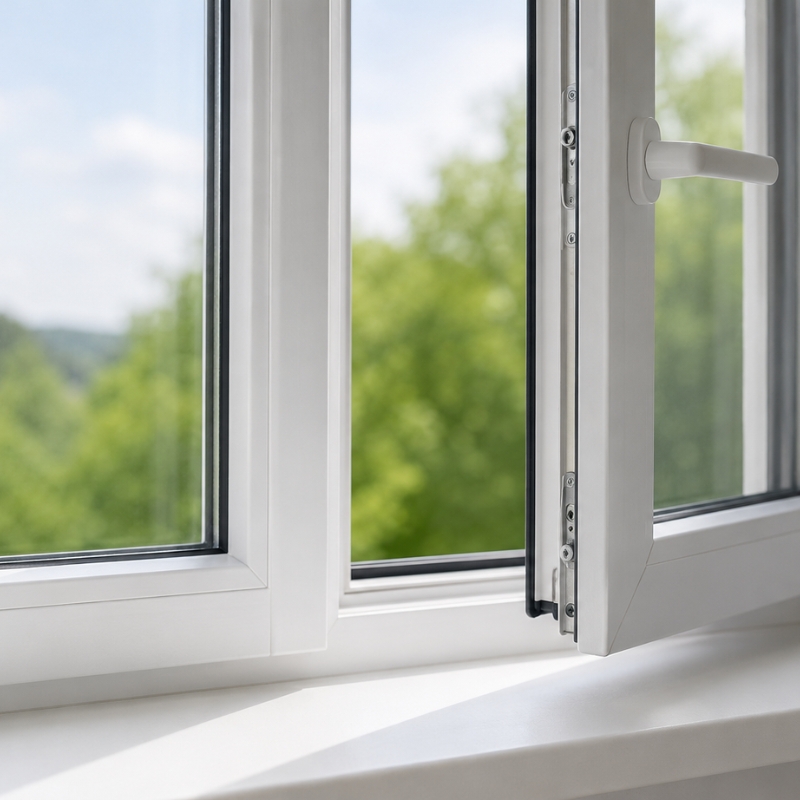 White uPVC window frame with open casement window in a modern home