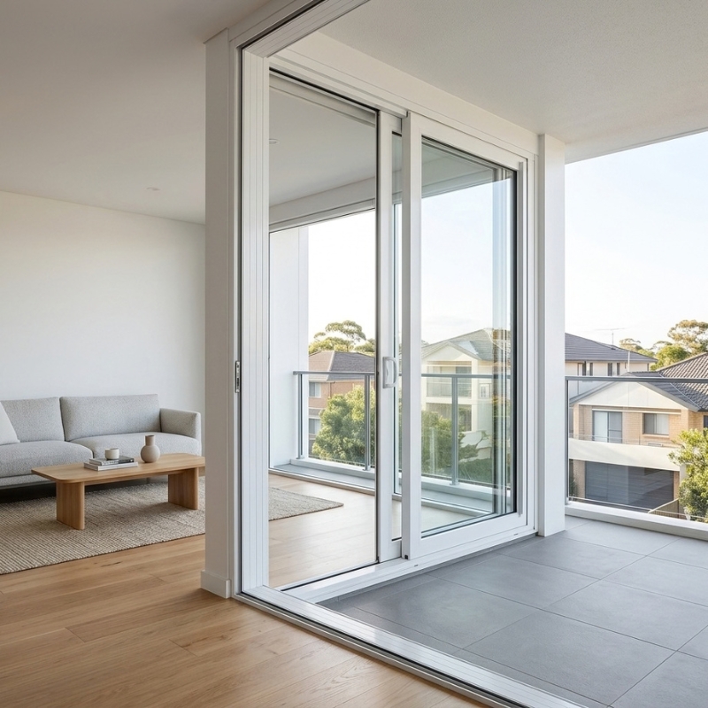Double glazed balcony doors with white uPVC frames opening onto a modern balcony