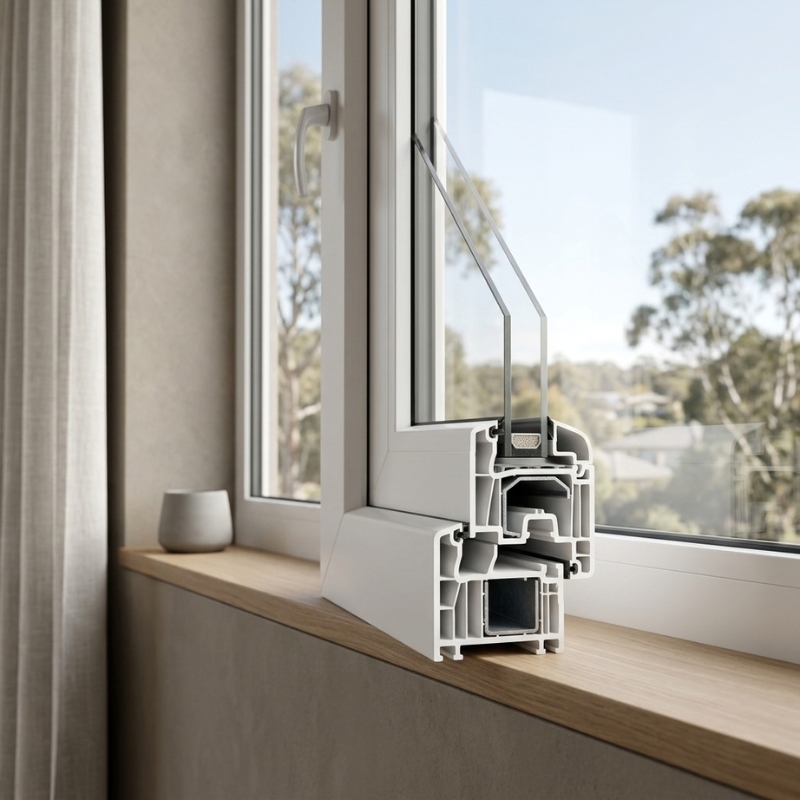 uPVC window frame showing internal chambers and steel reinforcement