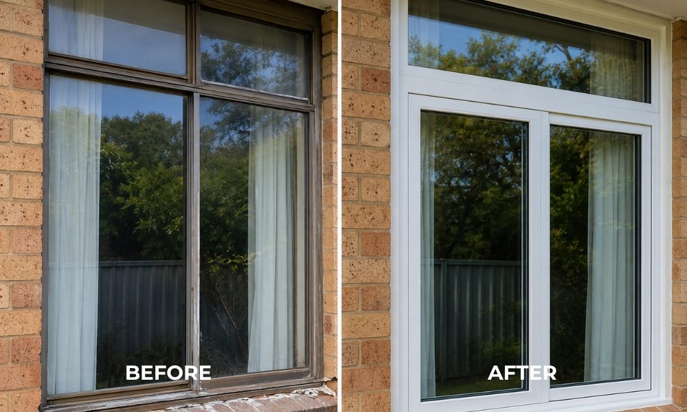Before and after comparison showing an old aluminium window frame replaced with a white uPVC double glazed window in a brick home