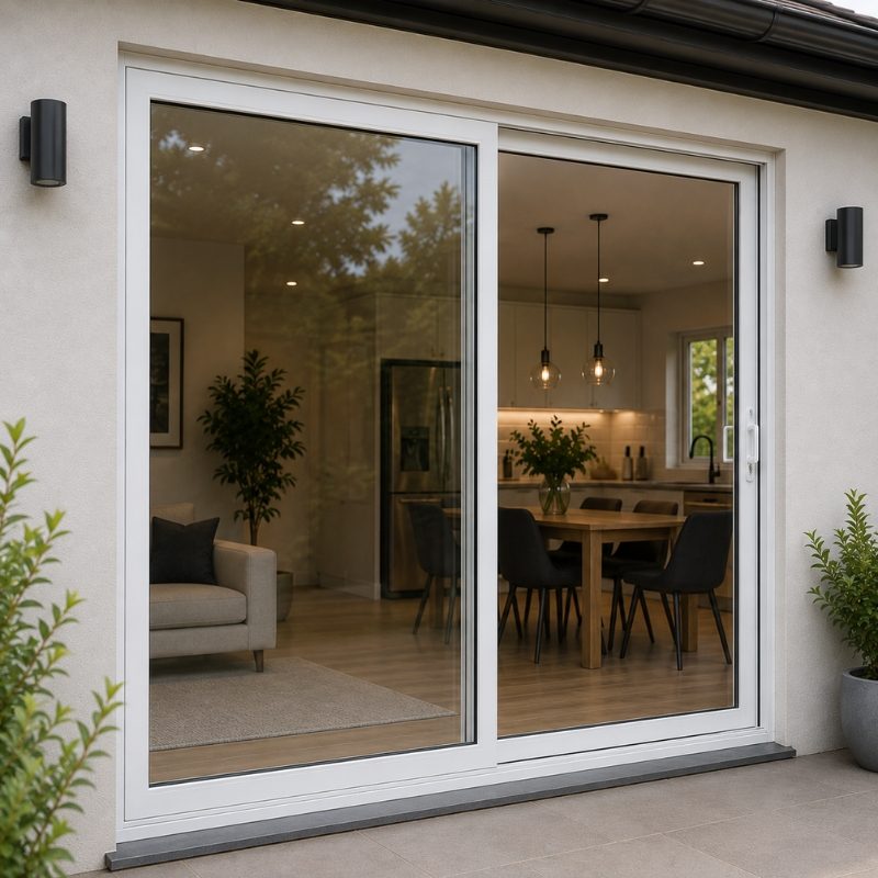 White uPVC sliding double glazed door set into the rear wall of a home, open to a paved courtyard