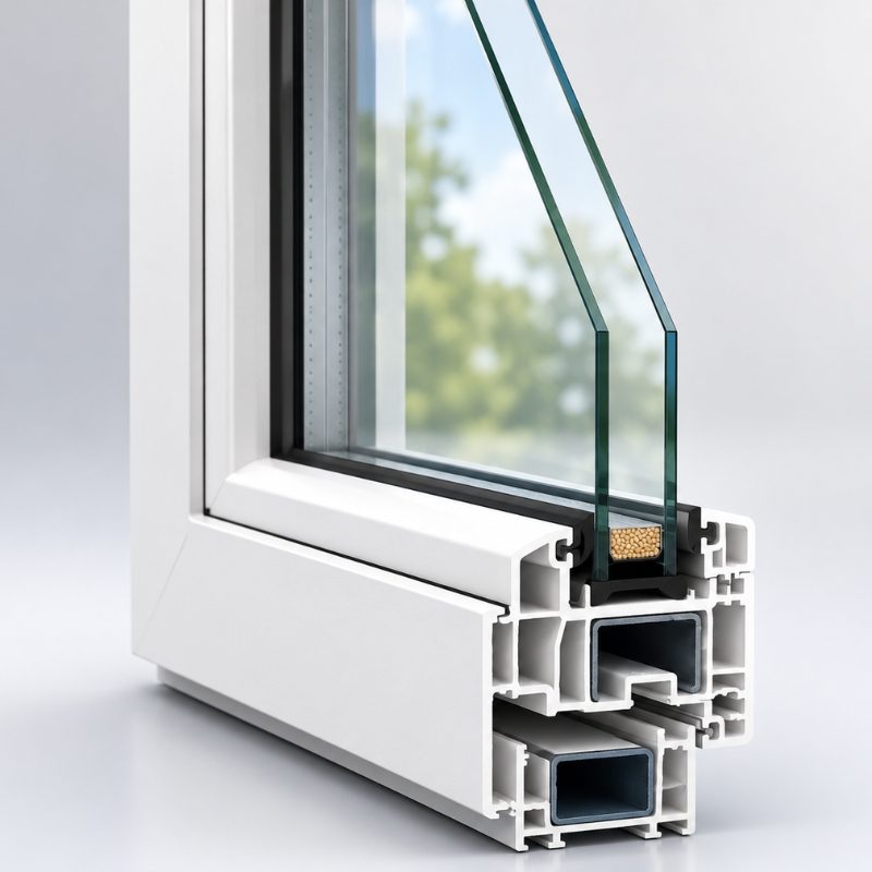 Cutaway cross section of a double glazed uPVC window unit showing the multi chamber frame, sealed cavity and two panes of glass