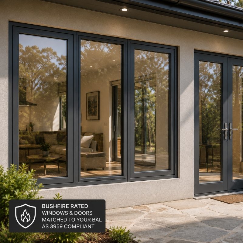 Dark framed uPVC bushfire rated windows and doors across the rear of a modern Australian home, labelled as AS 3959 compliant