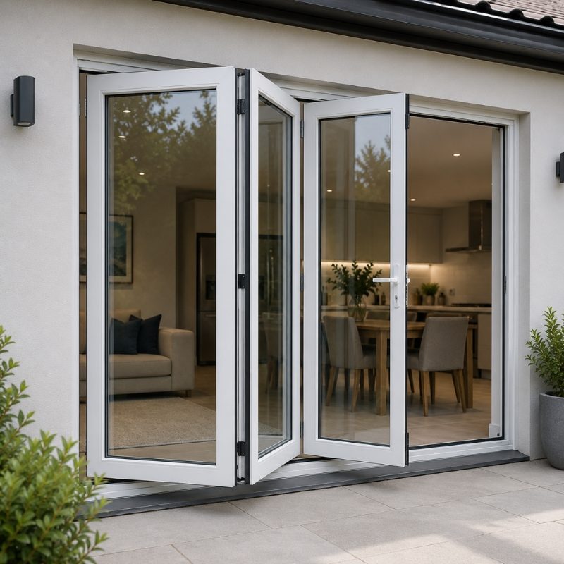 White uPVC bifold double glazed doors folded back to open a living room onto a patio