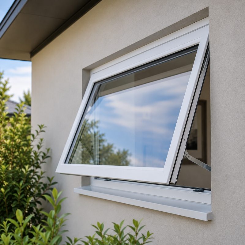 White uPVC awning double glazed window propped open above a rendered wall