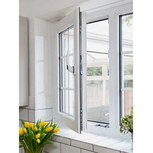 White uPVC casement window cranked open above a tiled sill, with yellow tulips on the ledge