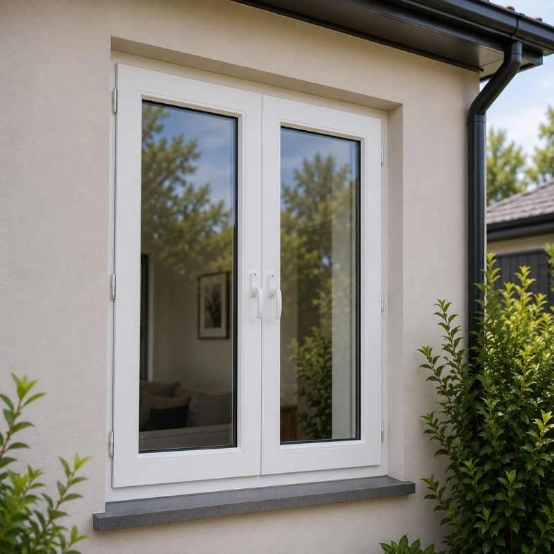 White uPVC French double glazed window with two sashes closed in a rendered wall