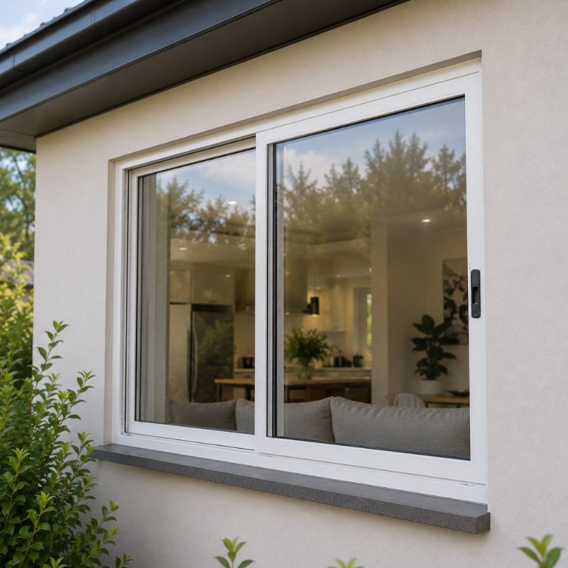 White uPVC sliding double glazed window in a rendered wall beside a garden bed